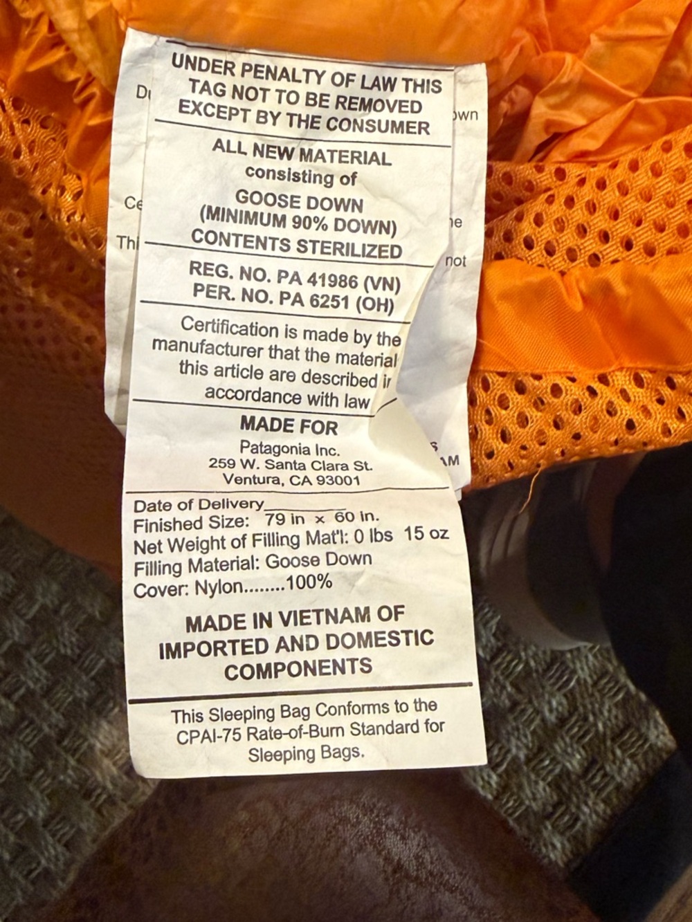 Patagonia Fitz Roy 30°F Sleeping Bag 800 Fill Down Regular Mango Ultralight NWT - Picture 9 of 15